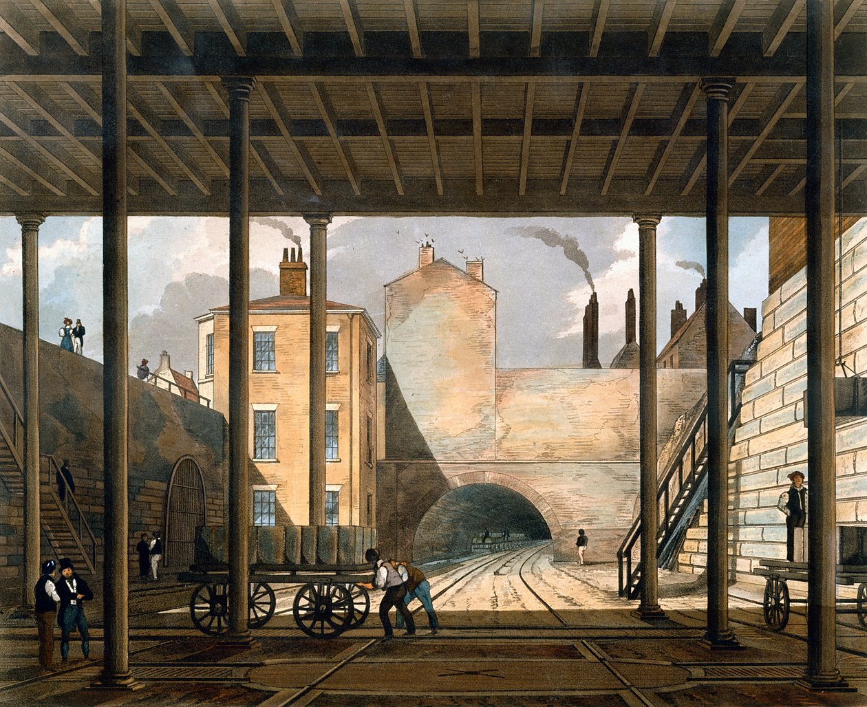 Armazéns, etc, no final do túnel para Wapping, placa 9 de &39;cor vista da Liverpool und Manchester Railway&39;, gravada por SG Hughes, publicado pela Ackermann und Co., Londres, 1831 (cor de Thomas Talbot Bury