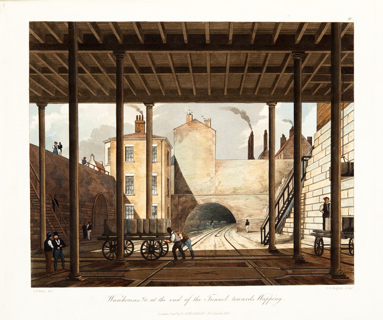 Armazéns, etc, no final do túnel para Wapping, publicado em 1831 (gravura colorida à mão) de Thomas Talbot Bury