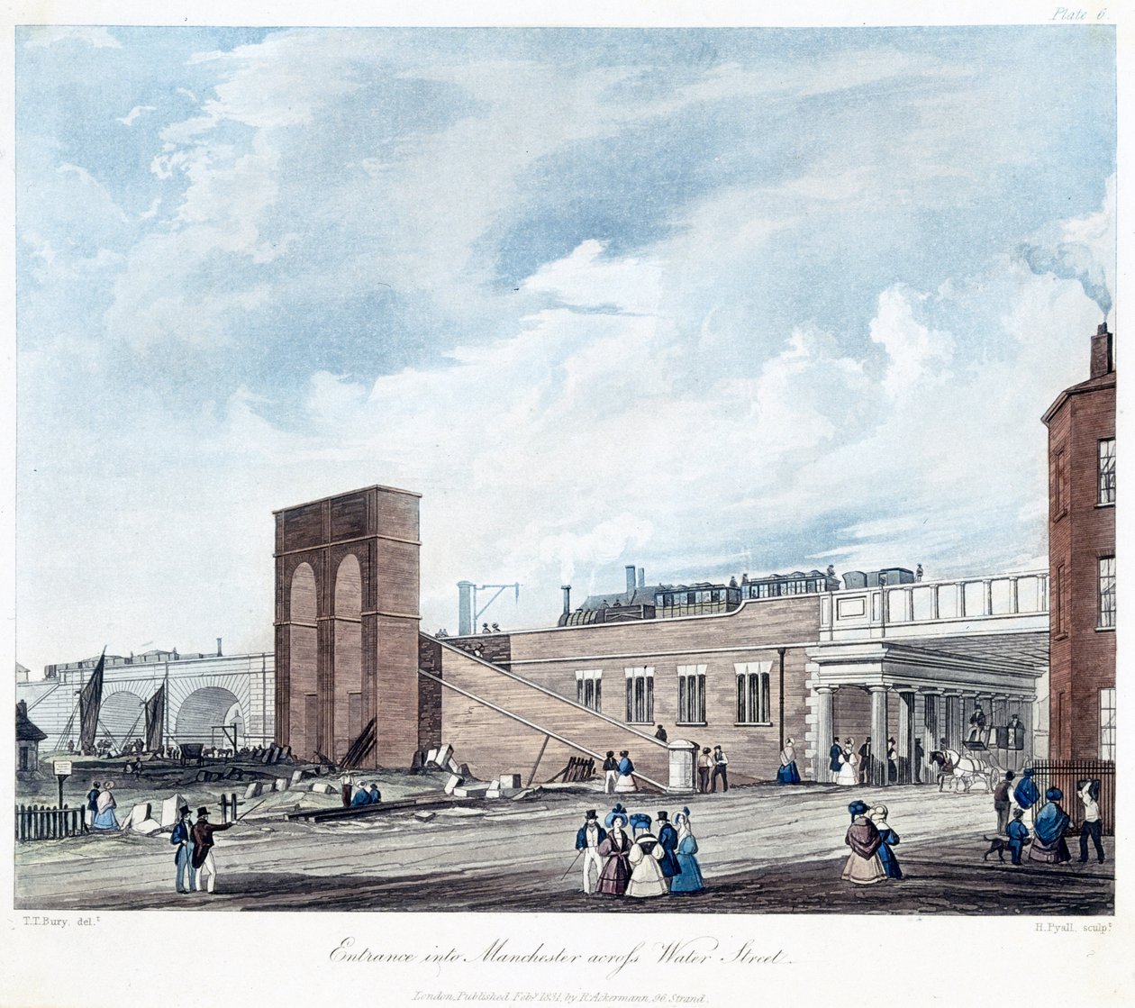 Entrada em Manchester pela rua Water, gravada por Henry Pyall (1795-1833), publicada por Ackermann & Co., 1831 (colorida aquatinta) de Thomas Talbot after Bury