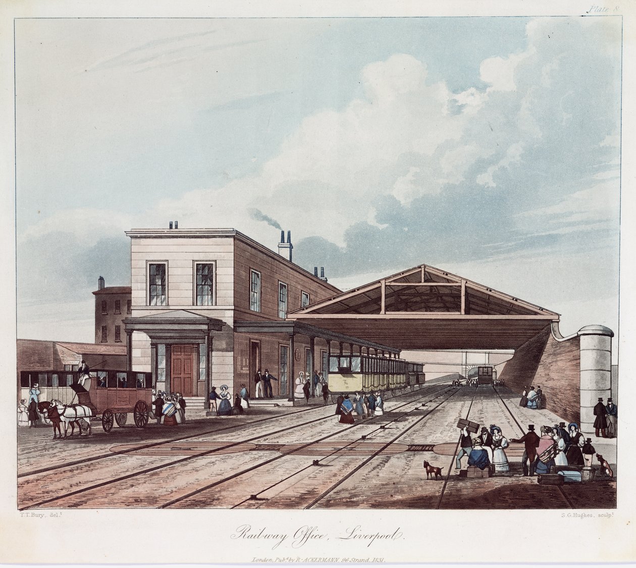 O escritório da estrada de ferro, Liverpool, gravado por SG Hughes, 1831 (aquatint colorido) de Thomas Talbot after Bury
