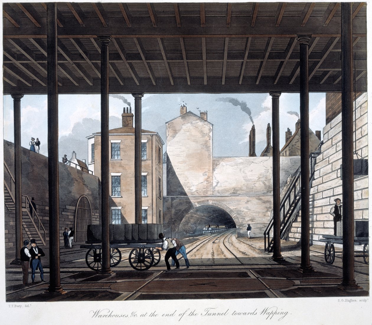 Armazéns e obras no fim do túnel em direção a Wapping, gravadas por SG Hughes, 1831 (aquatinta colorida à mão) de Thomas Talbot after Bury