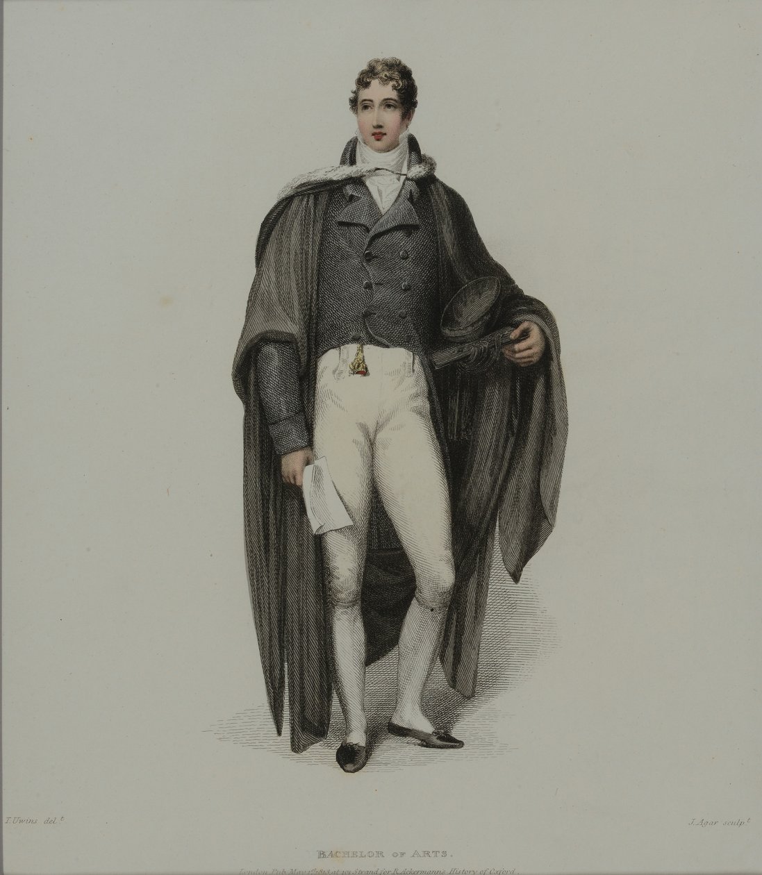 Bacharel em Artes, gravado por J. Agar, publicado em "História de Oxford" de R. Ackermann, 1813 (gravura colorida à mão) de Thomas Uwins