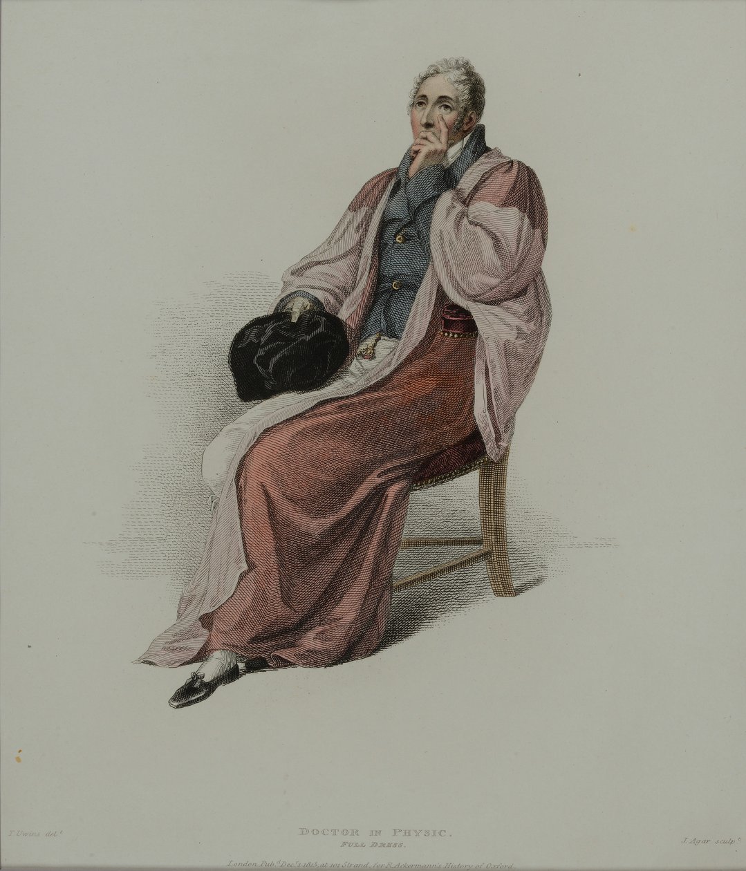 Doutor em Físico em Traje, gravado por J. Agar, publicado em "História de Oxford", de R. Ackermann, em 1813 (gravura colorida à mão) de Thomas Uwins