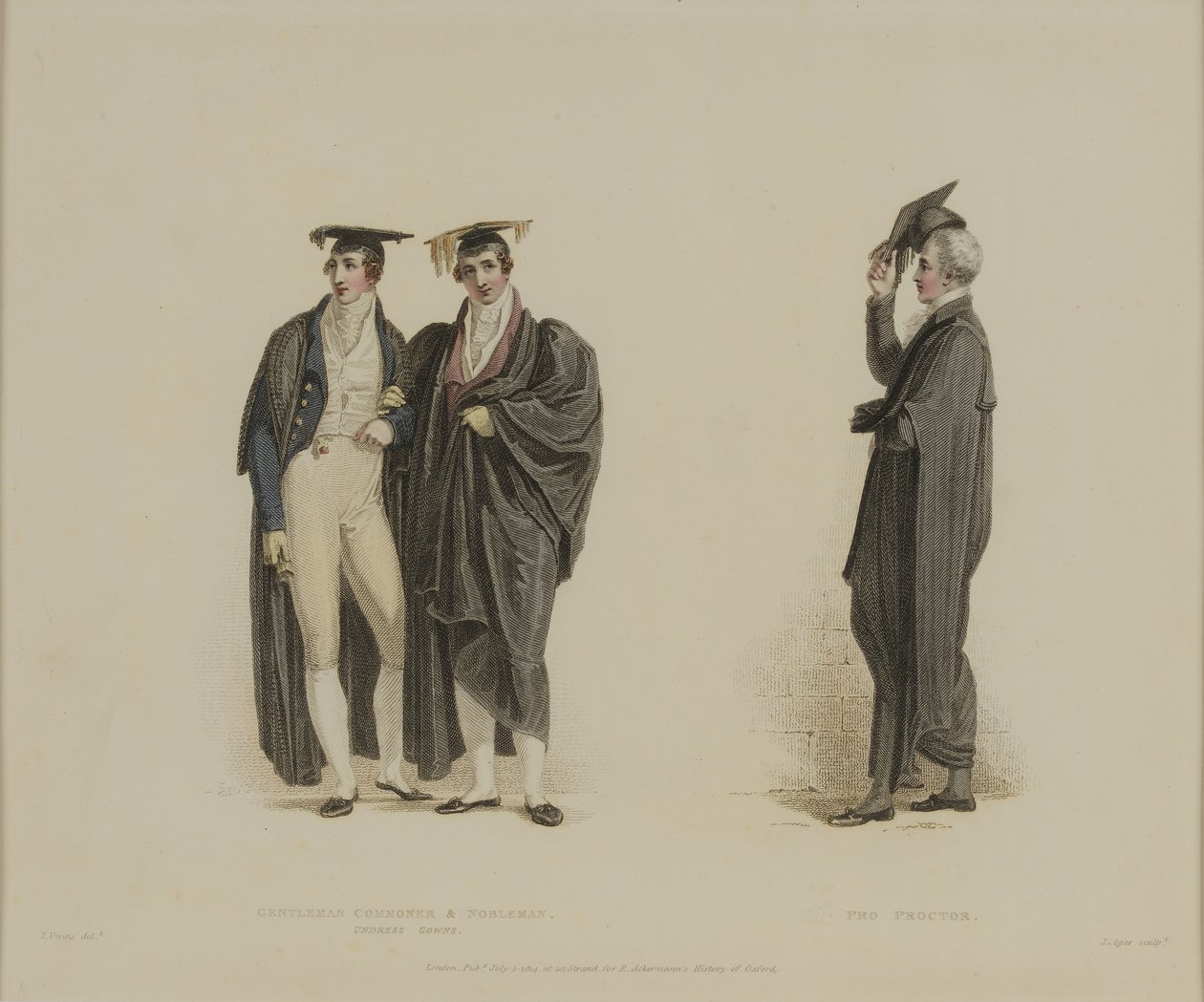 Gentleman Commoner und Nobleman com Pro Proctor, gravado por J. Agar, publicado em R. Ackermann&39;s "History of Oxford", 1813 (gravura colorida à mão) de Thomas Uwins