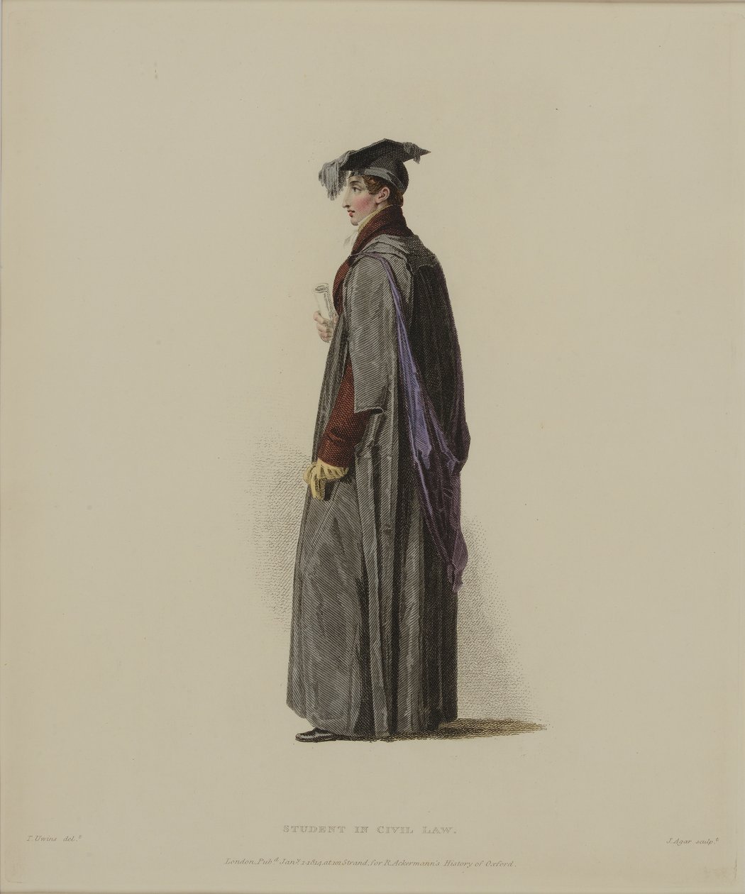 Estudante em direito civil, gravado por J. Agar, publicado em "História de Oxford" de R. Ackermann, 1814 (gravura colorida à mão) de Thomas Uwins