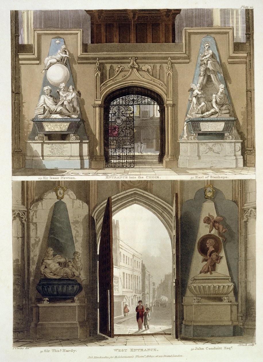 A entrada no coro e na entrada ocidental, placa 20 de "Abadia de Westminster", gravada por J. Bluck (fl.1791-1831) pub. por Rudolph Ackermann (1764-1834) 1812 (aquatinta) de Thomas Uwins