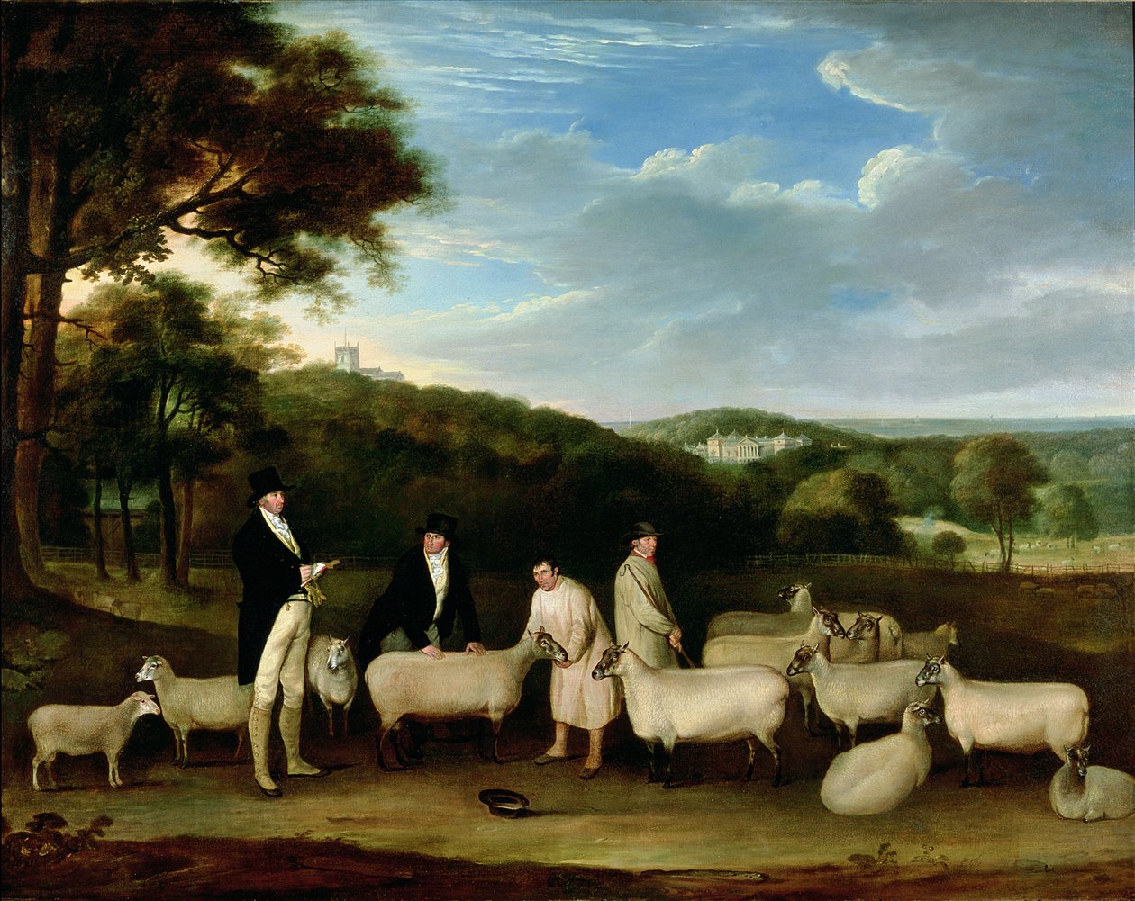 Retrato de Thomas William Coke, Esq. (1752-1842) inspecionando algumas de suas ovelhas South Down com o Sr. Walton e os pastores de Holkham de Thomas Weaver