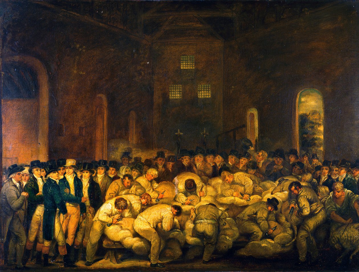 O Conde de Leicester e Outros Observadores em um Concurso de Tosquia de Ovelhas no Grande Celeiro em Holkham Hall de Thomas Weaver