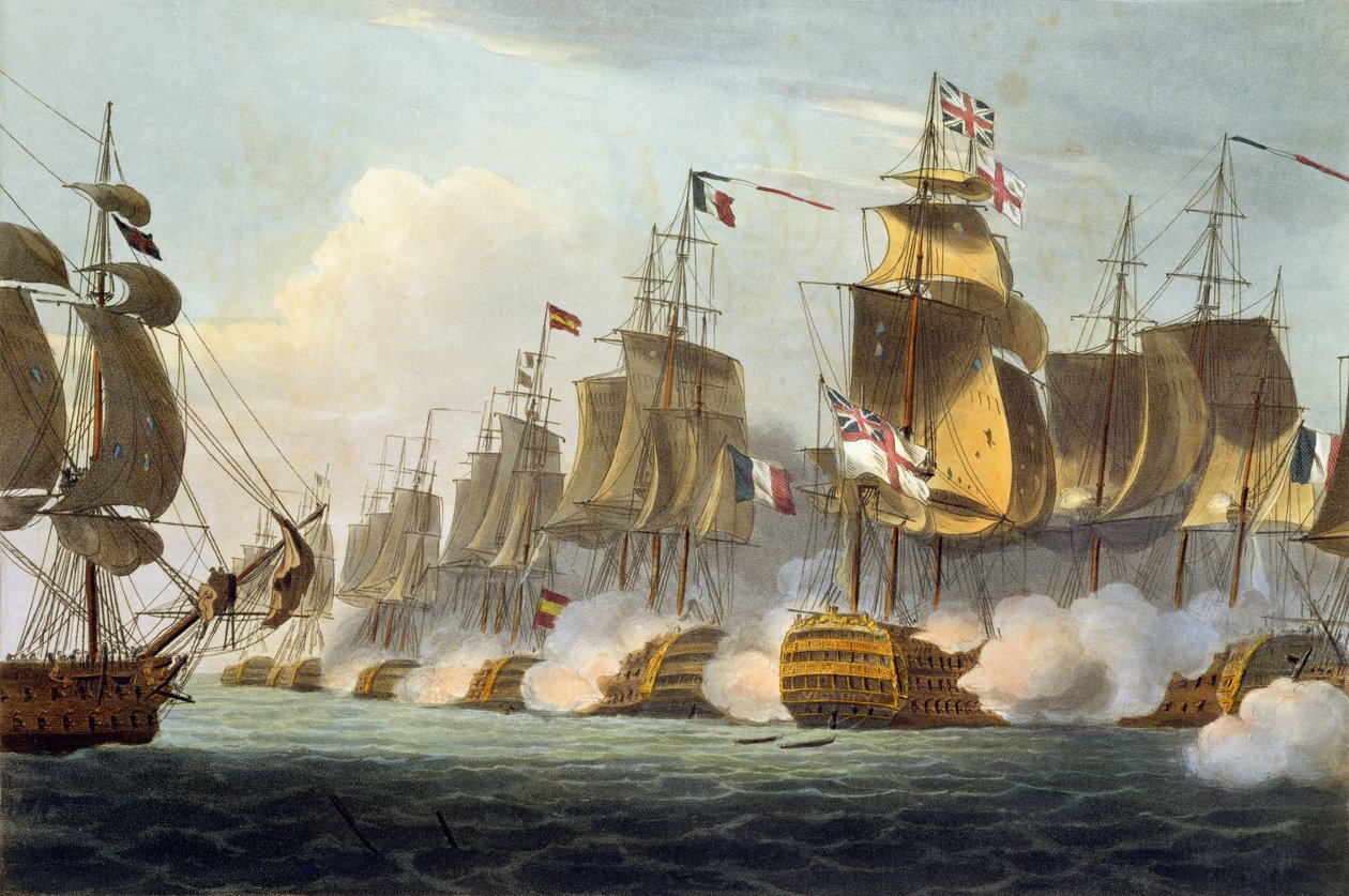 Batalha de Trafalgar, 21 de outubro de 1805, de "As conquistas navais da Grã-Bretanha", de James Jenkins, gravada por Thomas Sutherland (bc1785), publicada em 1816 (aquatinta colorida à mão) de Thomas Whitcombe