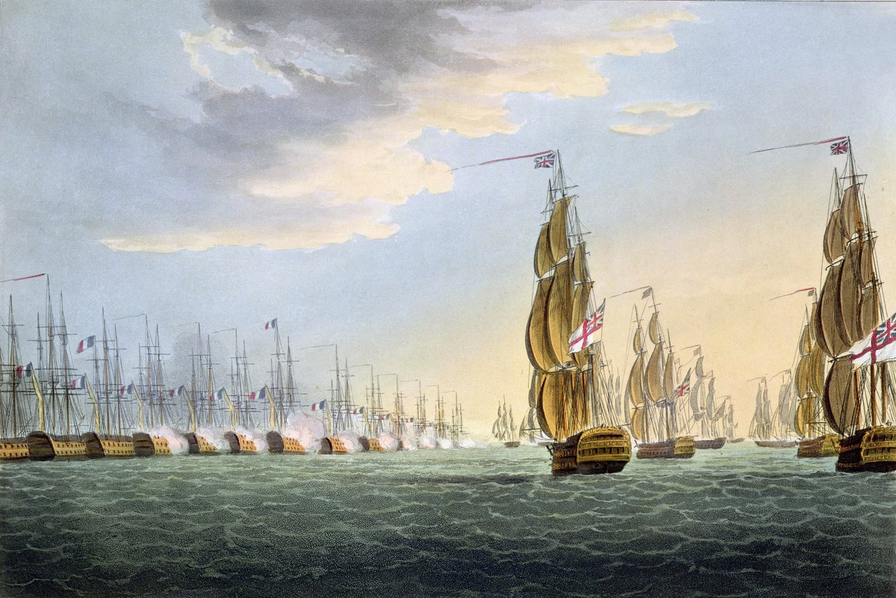 Batalha do Nilo, 1º de agosto de 1798, gravada por Thomas Sutherland para as "Realizações Navais" de J. Jenkins, 1816 (gravura colorida) de Thomas Whitcombe