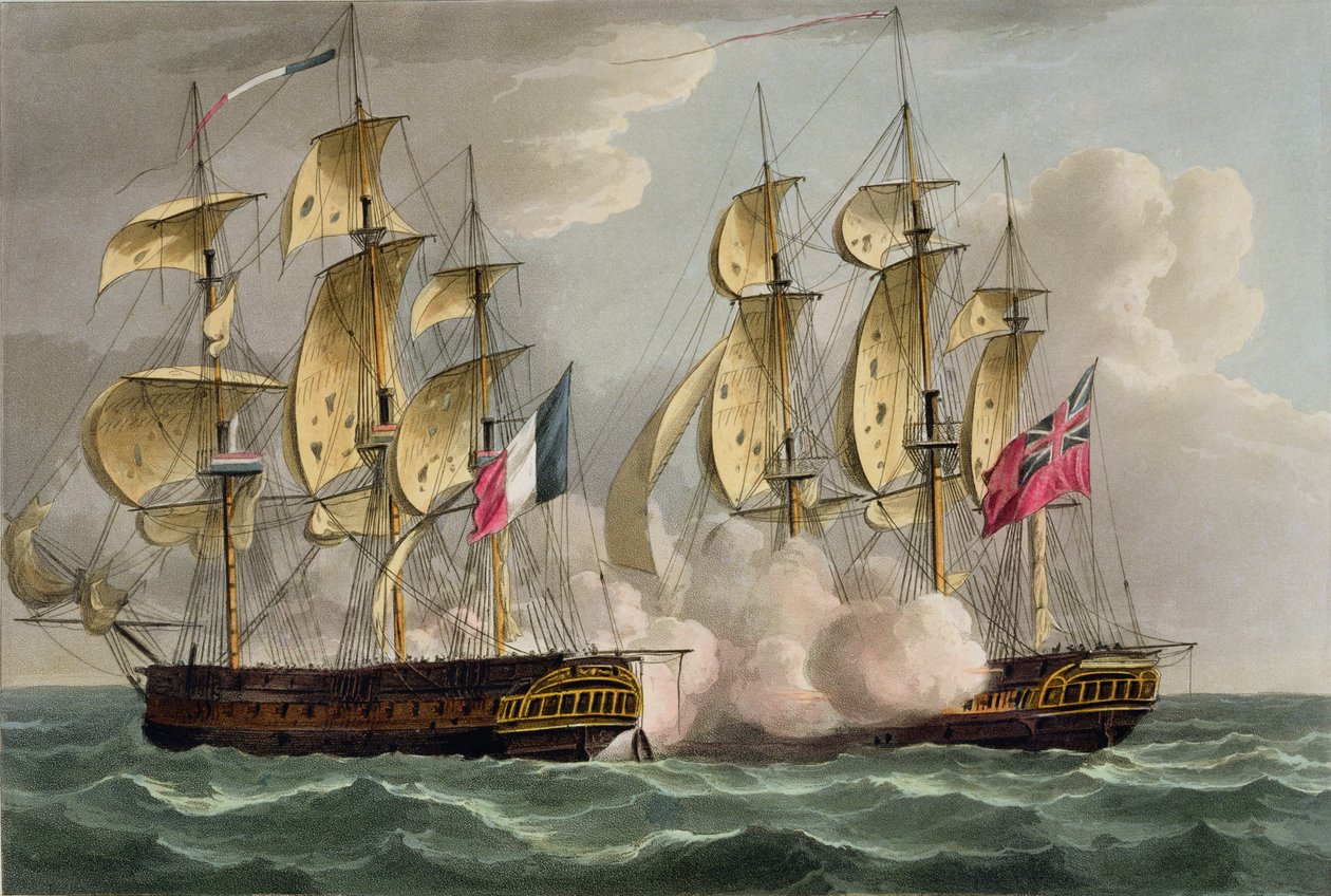 Captura de L&39;Immortalite, 20 de outubro de 1798, de "The Naval Achievements of Great Britain", de James Jenkins, gravada por Thomas Sutherland (bc1785), publicada em 1816 (aquatinta colorida à mão) de Thomas Whitcombe