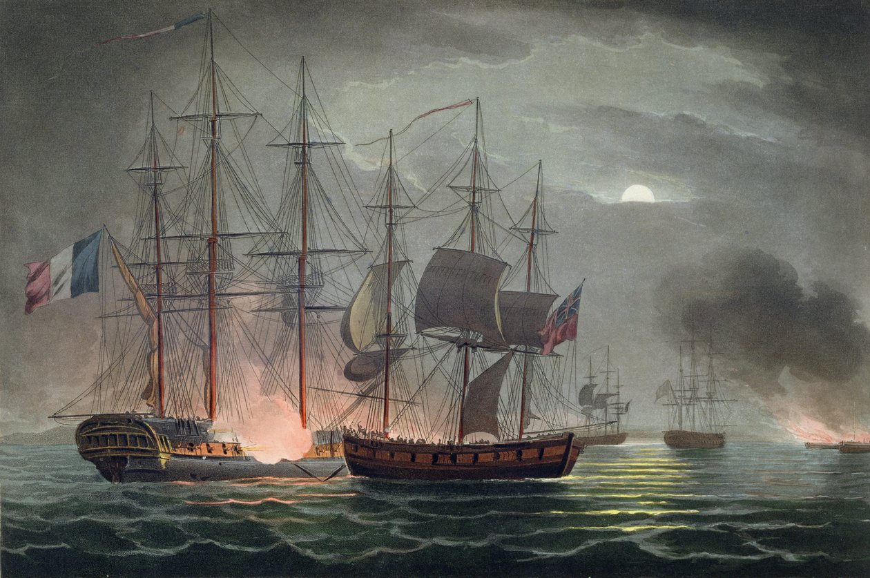 Captura de La Desiree, 7 de julho de 1800, de "As realizações navais da Grã-Bretanha", de James Jenkins, gravada por Thomas Sutherland (bc1785), publicada em 1816 (aquatinta colorida à mão) de Thomas Whitcombe
