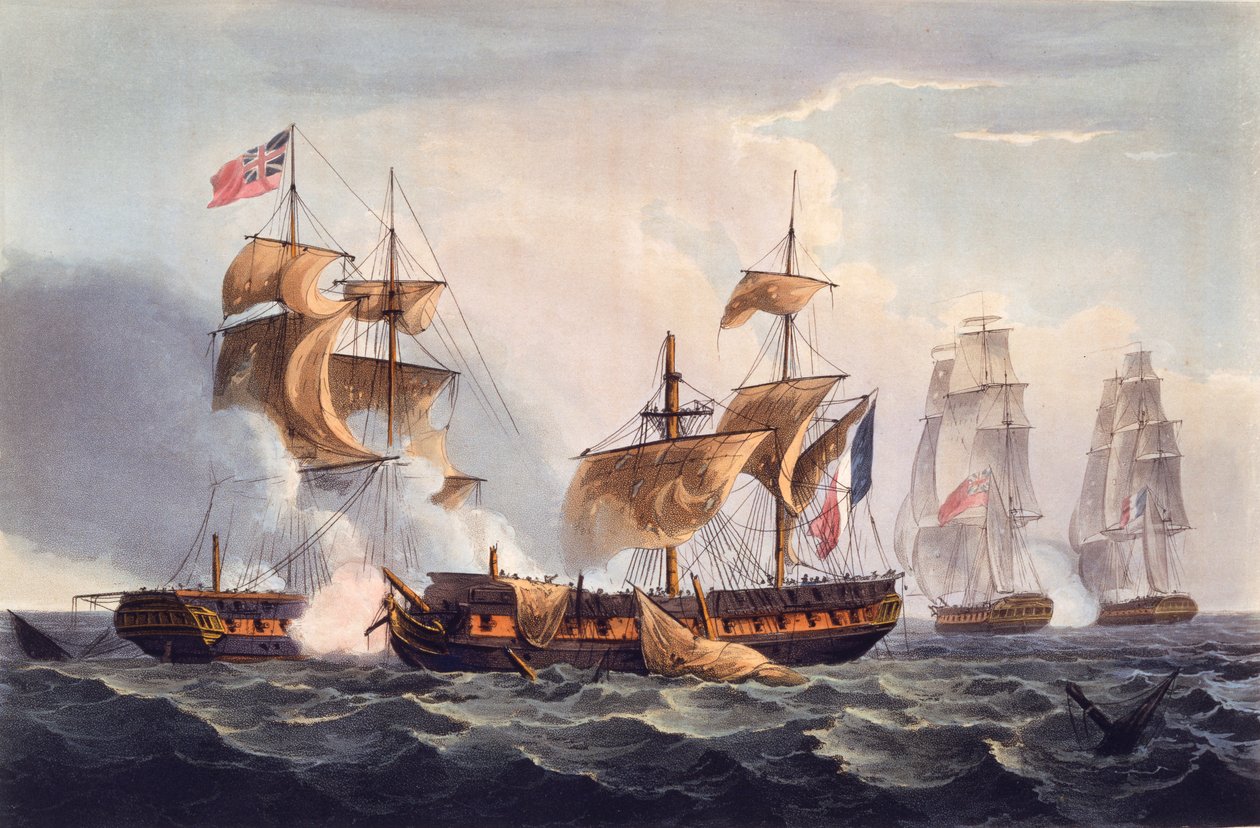 Captura de La Minerve, impressão feita por Thomas Sutherland, de "As conquistas navais da Grã-Bretanha, do ano de 1793 a 1817", por James Jenkins, publicado pela primeira vez em 1817 (aquatinta colorida à mão) de Thomas Whitcombe
