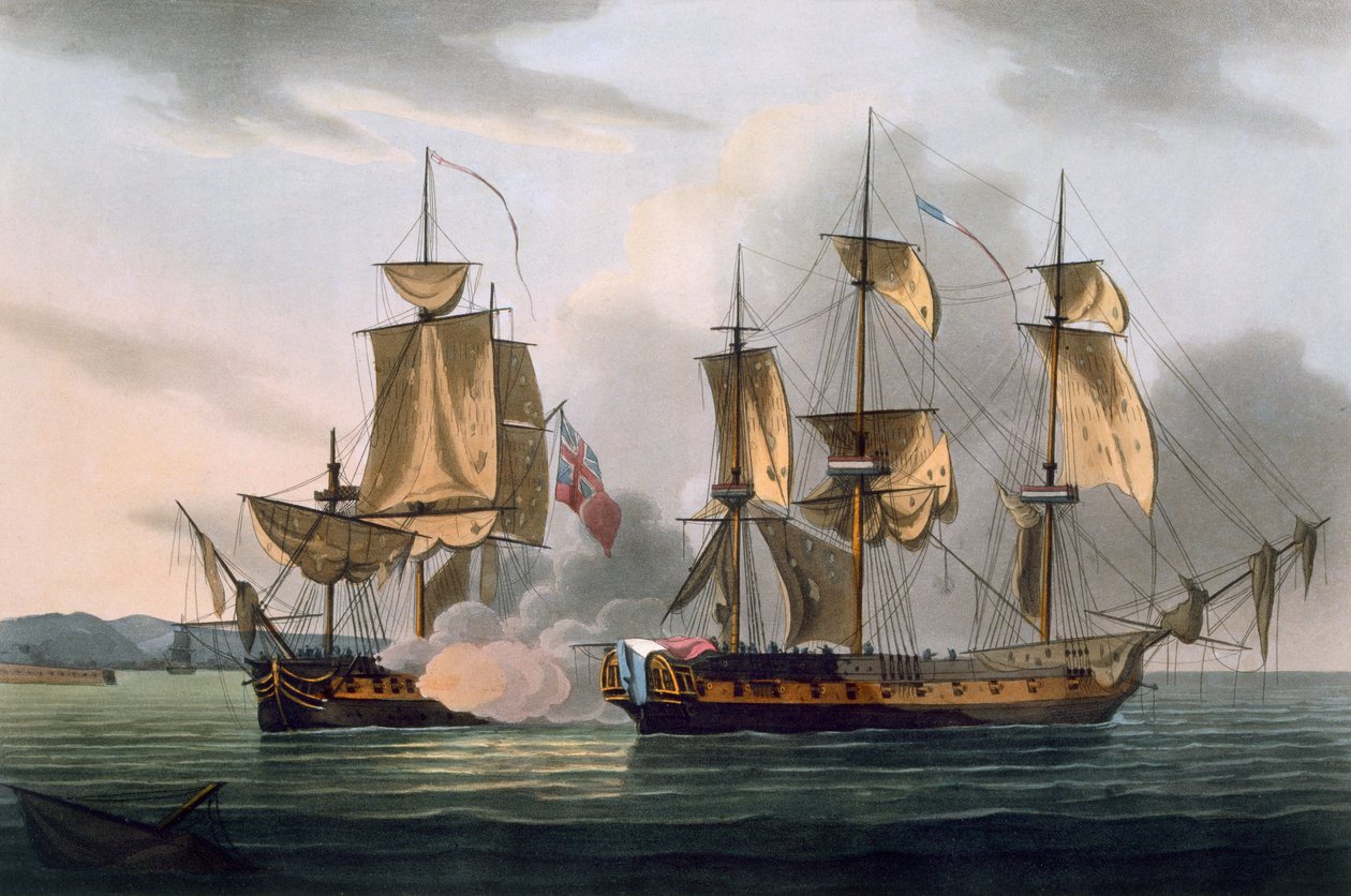Captura de La Reunion, 21 de outubro de 1793, de "As realizações navais da Grã-Bretanha" por James Jenkins, gravado por Joseph Jeakes (fl.1796-1809) publicado em 1816 (aquatinta colorida à mão) de Thomas Whitcombe