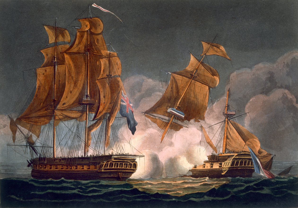 Captura de La Tribune, 8 de junho de 1796, gravada por Thomas Sutherland para as "Realizações Navais" de J. Jenkins, 1816 (gravura colorida) de Thomas Whitcombe