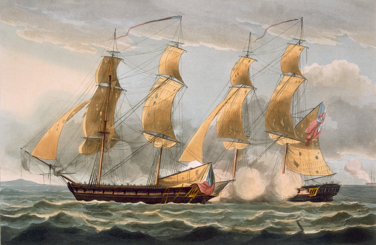 Captura do Argus, 14 de agosto de 1813, de "As realizações navais da Grã-Bretanha", de James Jenkins, gravado por Thomas Sutherland (bc1785), publicado em 1817 (aquatinta colorido à mão) de Thomas Whitcombe