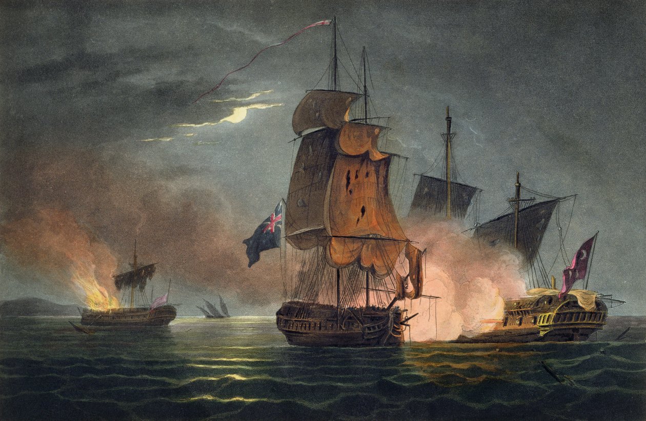 Captura do Badere Zaffer, 6 de julho de 1808, de "As conquistas navais da Grã-Bretanha", de James Jenkins, gravado por Thomas Sutherland (bc1785), publicado em 1816 (aquatinta colorido à mão) de Thomas Whitcombe