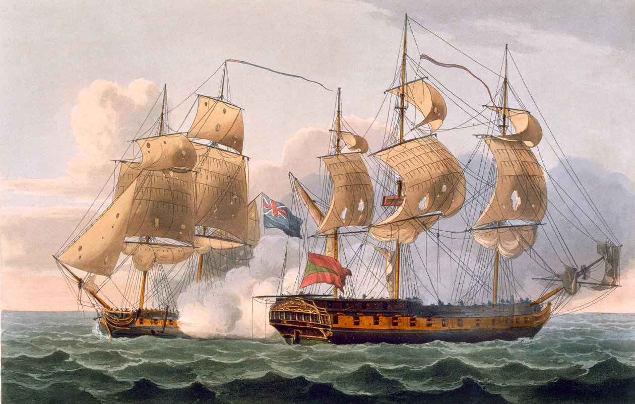 Captura da Liguria, em 7 de agosto de 1798, gravada por Thomas Sutherland para as "Conquistas Navais" de J. Jenkins, 1816 (gravura a cores) de Thomas Whitcombe