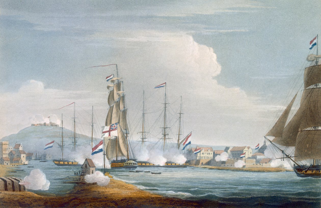 Captura do porto de Curacoa, Índias Orientais Holandesas, gravada por J. Bailey para "A Cronologia Naval da Grã-Bretanha", de J. Ralfe, publicada em 1820 de Thomas Whitcombe