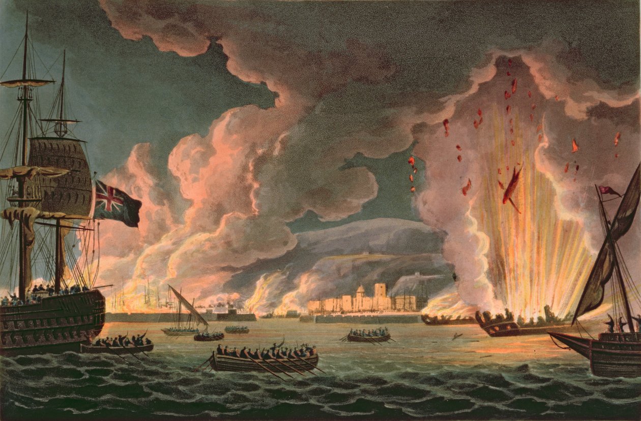 Destruição da frota francesa em Toulon, 18 de dezembro de 1793, gravada por Thomas Sutherland (n.1785), publicada em 1816 (ver também 97232) de Thomas Whitcombe