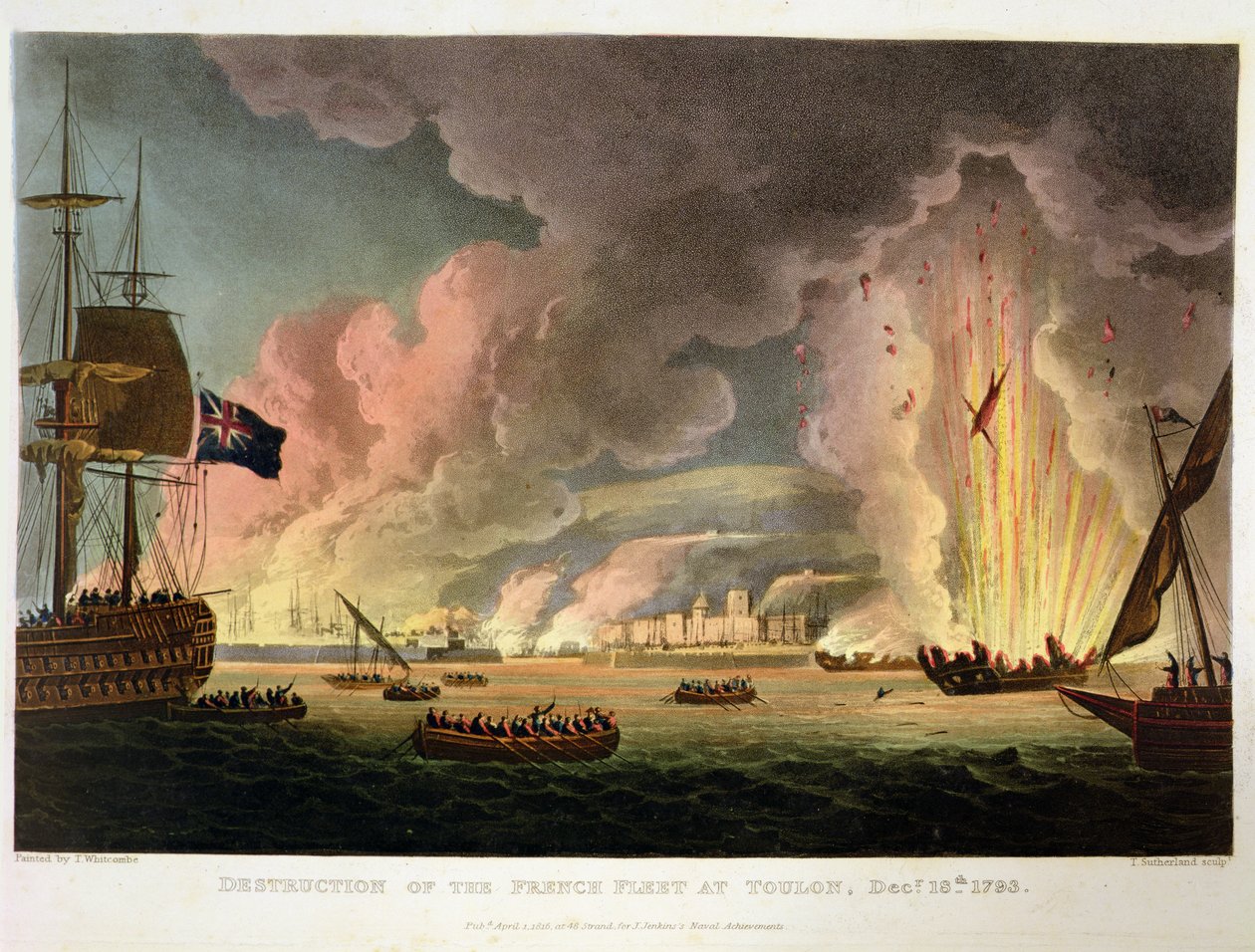 Destruição da frota francesa em Toulon, 18 de dezembro de 1793, gravada por Thomas Sutherland para as "Realizações Navais" de J. Jenkins, 1816 (ver também 286303) de Thomas Whitcombe