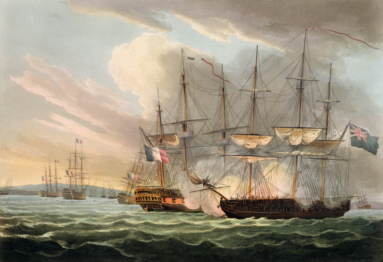 Destruição da Frota Francesa em Estradas Bascas, 12 de abril de 1809, de "As Realizações Navais da Grã-Bretanha" por James Jenkins, gravada por Thomas Sutherland (bc1785), publicada em 1817 (colunata à mão) de Thomas Whitcombe