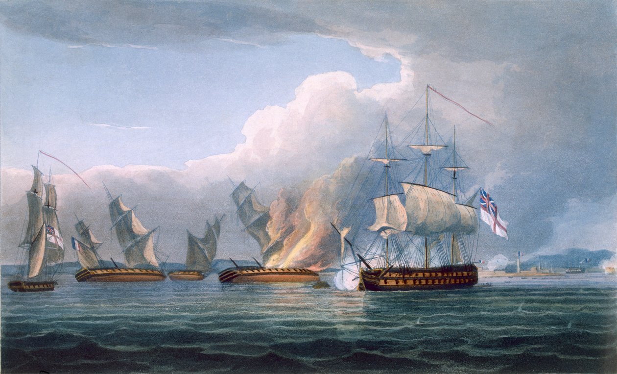 Destruição das fragatas francesas L&39;Arianne und L&39;Andromache, gravada por T. Sutherland para &39;The Naval Chronology of Great Britain&39; de J. Ralfe, publicada em 1820 de Thomas Whitcombe