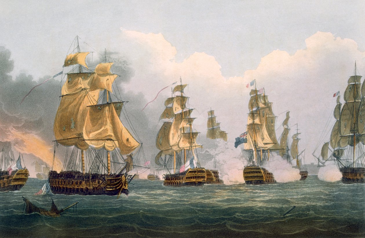Ação de Lord Bridport ao largo de Port L&39;Orient, 23 de junho de 1795, gravada por Bailey para "Realizações Navais" de J. Jenkins, 1816 (gravura a cores) de Thomas Whitcombe