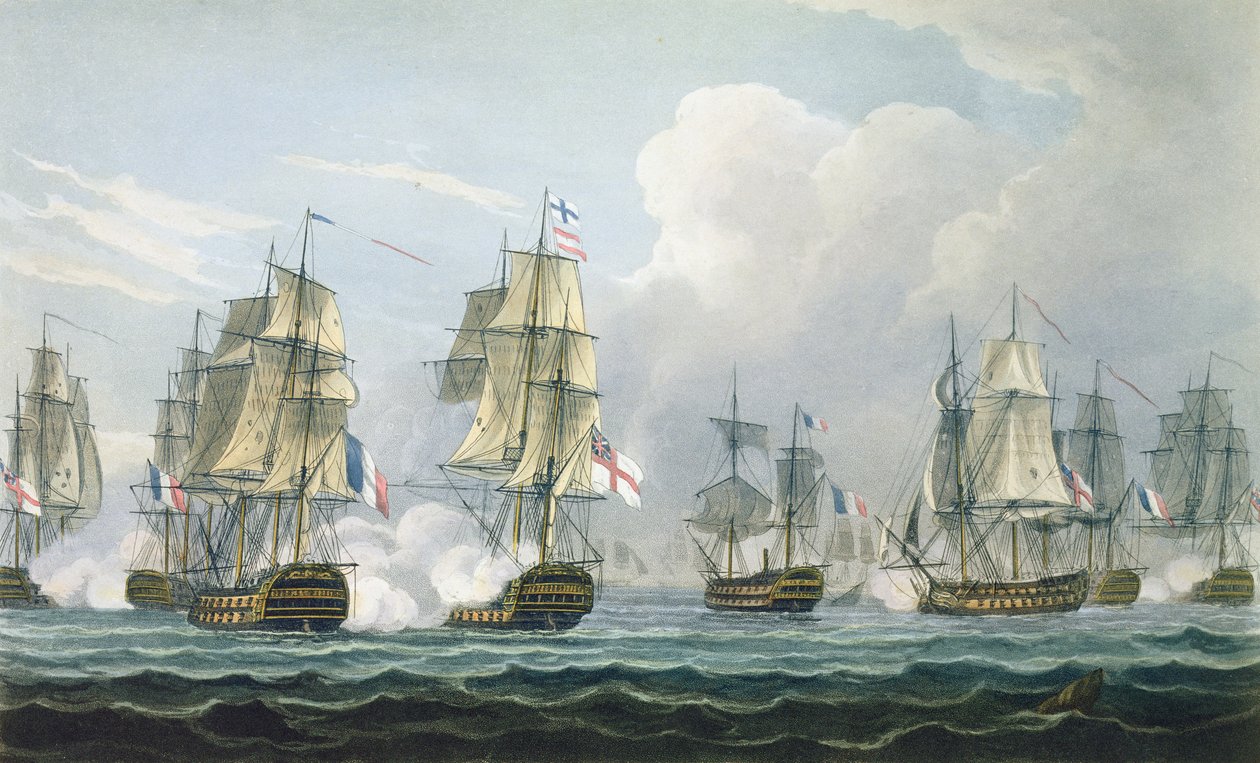 Ação de Sir Richard Strachan após a Batalha de Trafalgar em 5 de novembro de 1805, gravada por T. Sutherland para "A Cronologia Naval da Grã-Bretanha" por J. Ralfe, publicada em 1820 (gravura colorida de Thomas Whitcombe