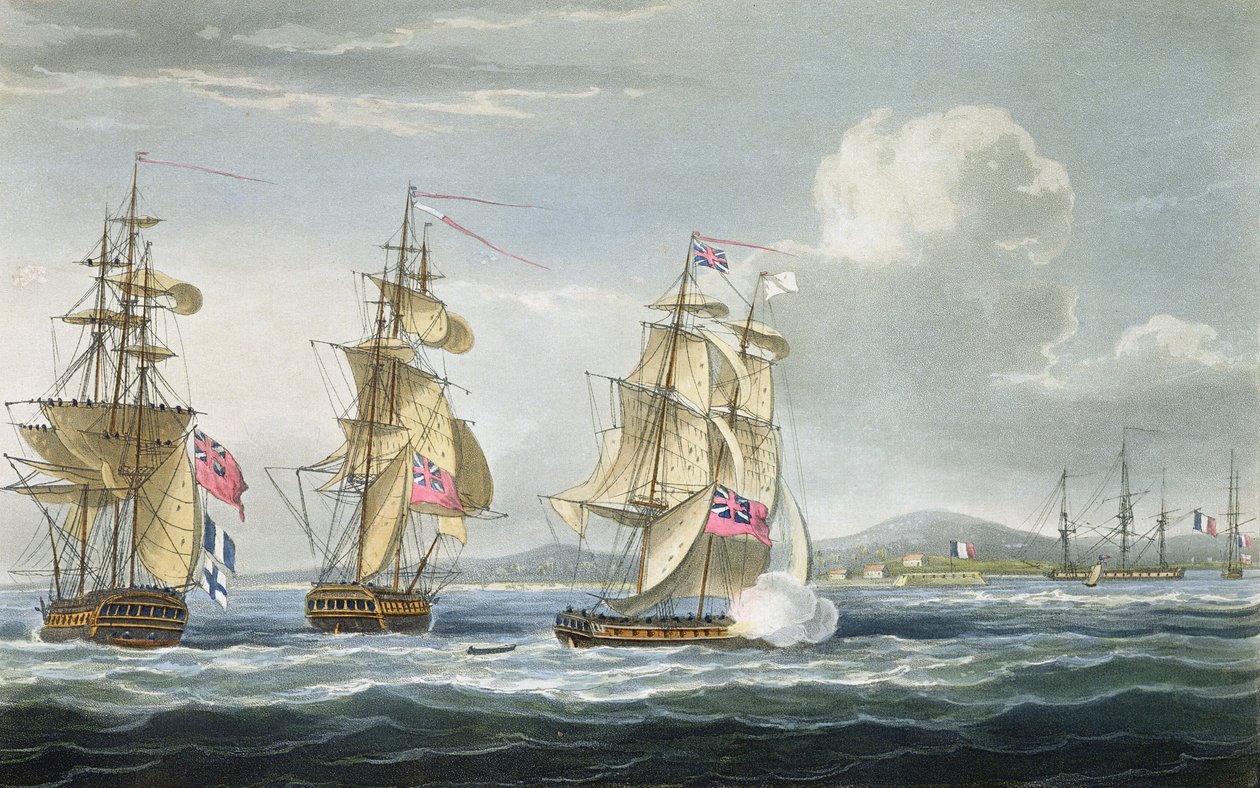 Rendição do forte de Tamatave, gravada por T. Sutherland para "A Cronologia Naval da Grã-Bretanha", de J. Ralfe, publicada em 1820 de Thomas Whitcombe