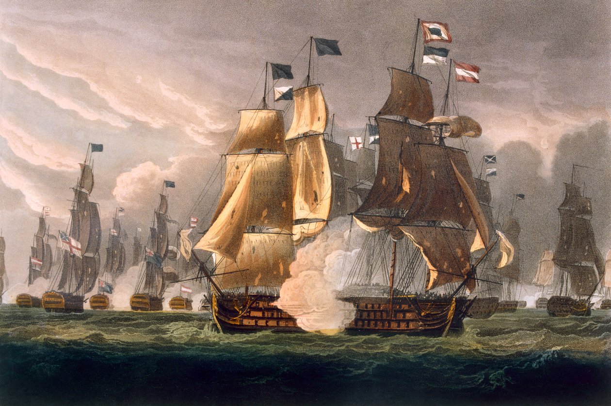 A Batalha do Cabo de São Vicente, 14 de fevereiro de 1797, gravada por J. Baily por "Conquistas Navais" de J. Jenkins, 1816 (gravura colorida) de Thomas Whitcombe