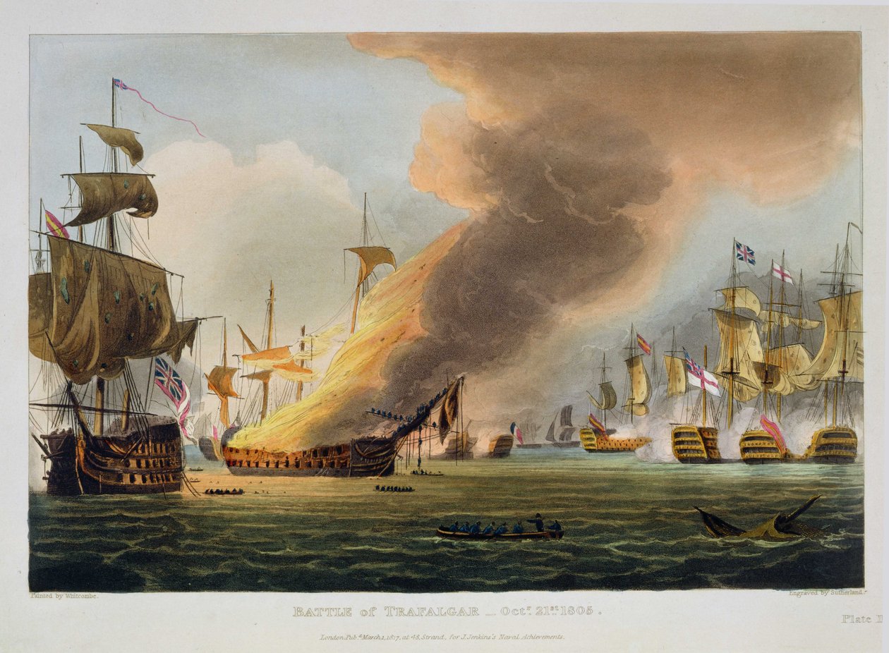 A Batalha de Trafalgar, em 21 de outubro de 1805, gravada por Thomas Sutherland por "Realizações Navais" de J. Jenkins, 1816 (gravura colorida) de Thomas Whitcombe