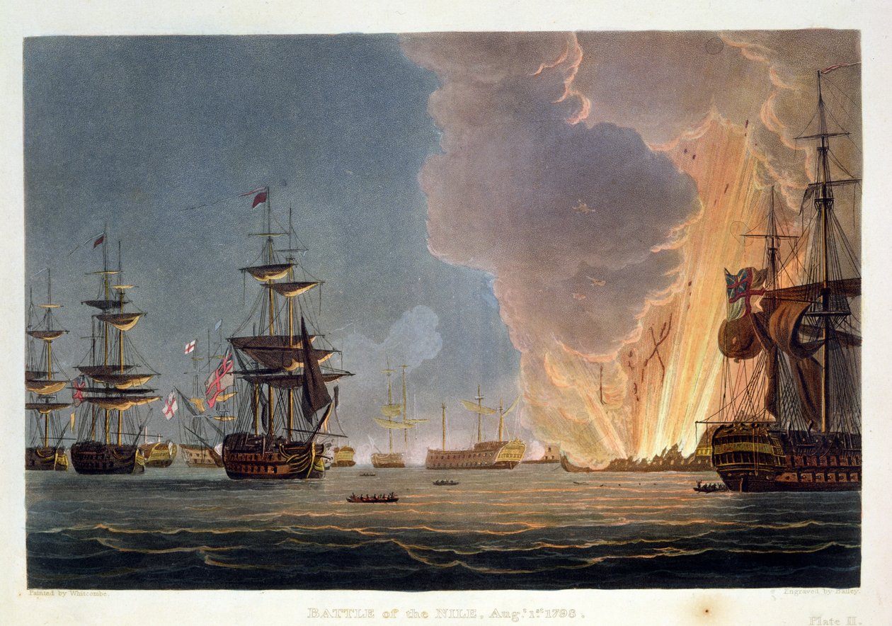 A Batalha do Nilo, 1º de agosto de 1798, gravada por Bailey para as "Realizações Navais" de J. Jenkins, 1816 (gravura colorida) de Thomas Whitcombe