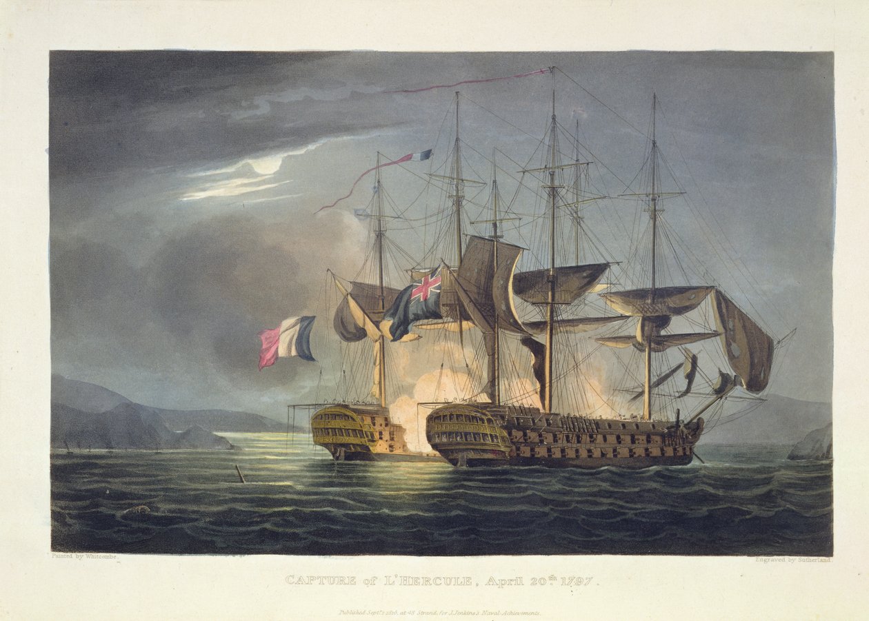 A captura de L&39;Hercule, 20 de abril de 1797, gravada por Thomas Sutherland para "Realizações Navais" de J. Jenkins, 1816 (gravura a cores) de Thomas Whitcombe