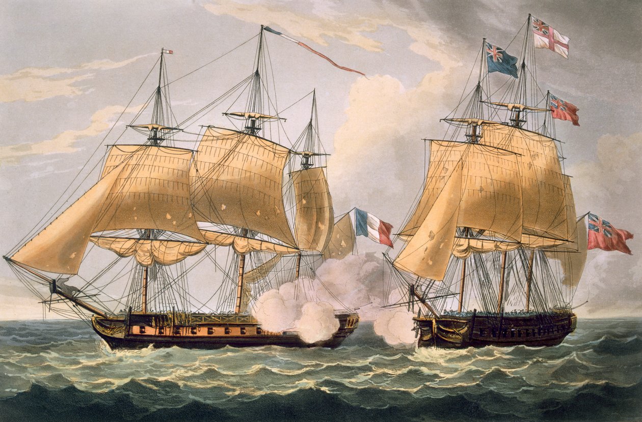 A captura de La Clorinde, 26 de fevereiro de 1814, gravada por Thomas Sutherland para "Conquistas navais" de J. Jenkins, 1816 (gravura colorida) de Thomas Whitcombe