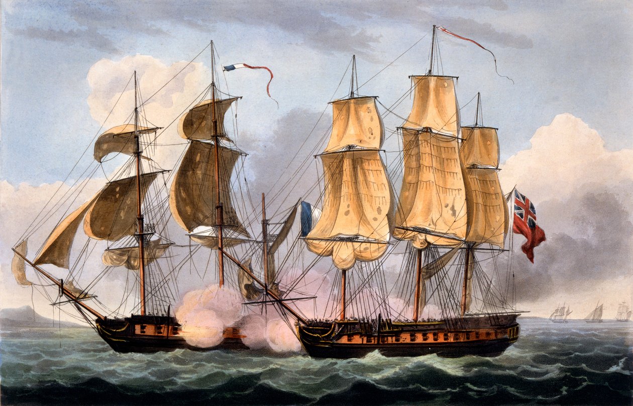 A captura de La Confiante, 31 de maio de 1798, de "As conquistas navais da Grã-Bretanha", de James Jenkins, gravada por Thomas Sutherland, publicada em 1817 (aquatinta colorida à mão) de Thomas Whitcombe