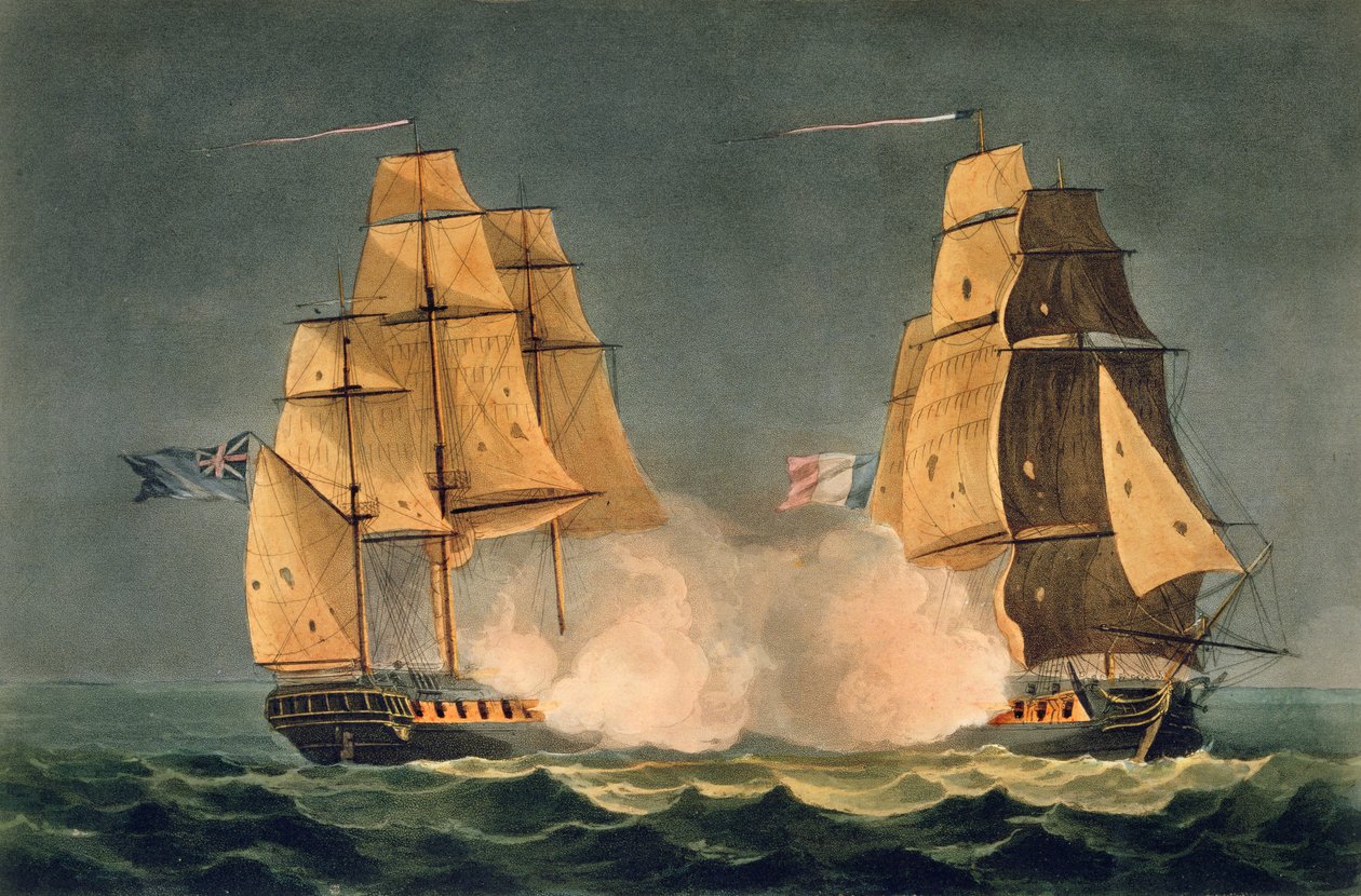 A captura de La Nereide, 21 de dezembro de 1797, gravada por Thomas Sutherland para "Realizações Navais" de J. Jenkins, 1816 (gravura a cores) de Thomas Whitcombe