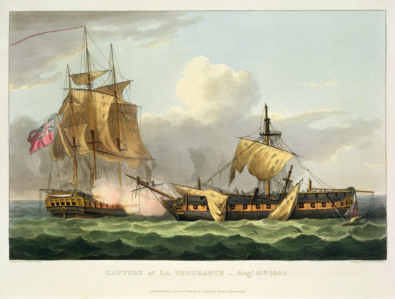 A captura de La Vengeance, 21 de agosto de 1800, gravada por Thomas Sutherland para "Conquistas navais" de J. Jenkins, 1816 (gravura colorida) de Thomas Whitcombe