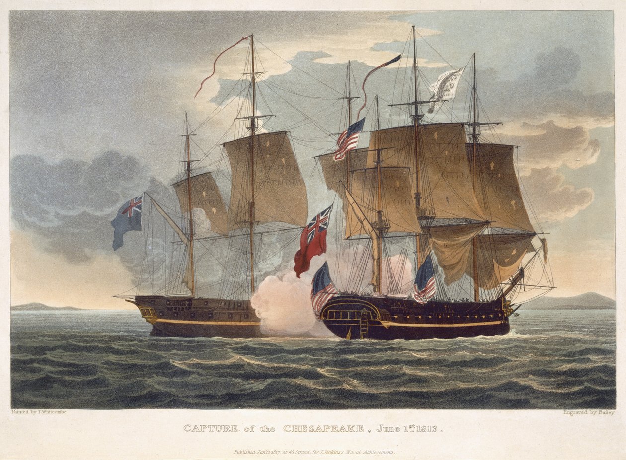 A captura do Chesapeake, 1 de junho de 1813, gravado por Bailey para &39;Naval Achievements&39; de J. Jenkins, 1816 (gravura a cores) de Thomas Whitcombe
