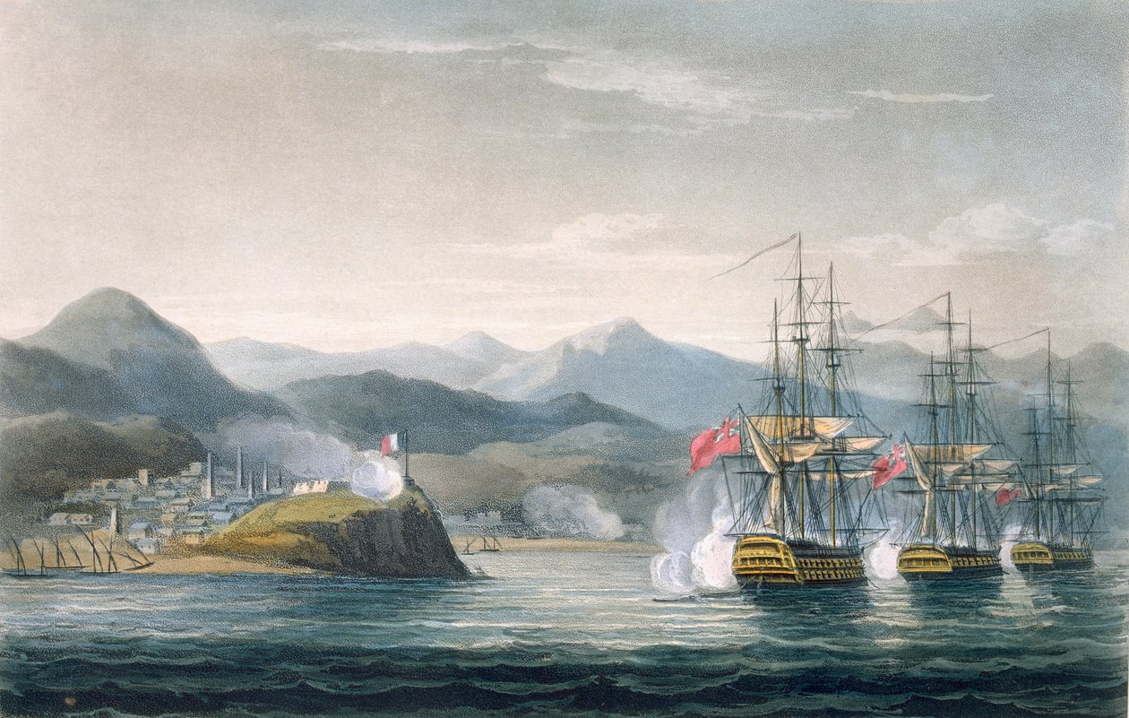 O Esquadrão sob o Comando de Sir J. Brisbane, atacando o Forte Maurigio, em 12 de abril de 1814, gravado por T. Sutherland por "A Cronologia Naval da Grã-Bretanha" por J. Ralfe, publicado em 1820 (colou de Thomas Whitcombe