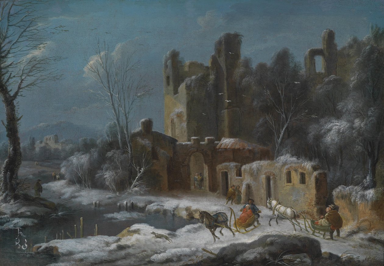 Uma paisagem de inverno com viajantes em trenó na frente de ruínas de Thomas Wijck