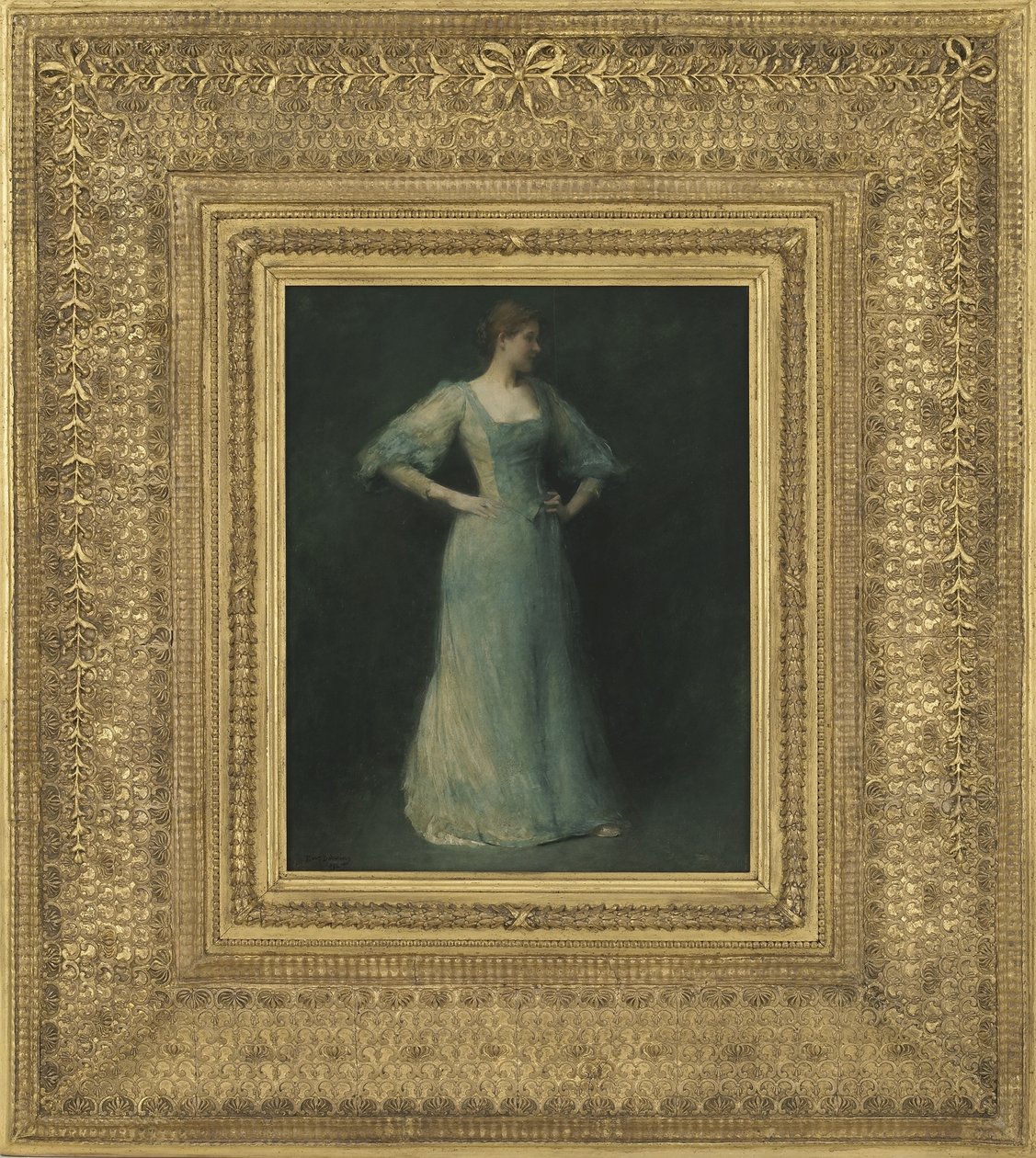 O vestido azul, 1892 (óleo no painel de madeira) de Thomas Wilmer Dewing