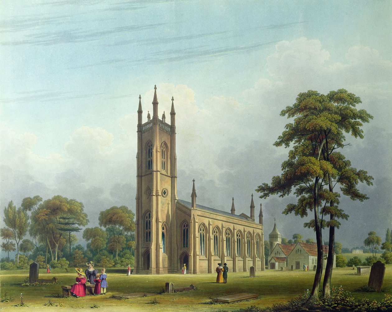 Vista sudoeste da igreja de São Nicolau, Lower Tooting de Thomas Witlam Atkinson