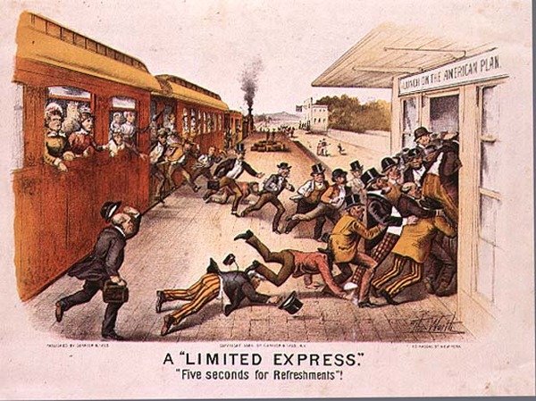 Um expresso limitado, cinco segundos para refrescos, pub. por Currier e Ives em Nova York, 1884 de Thomas Worth