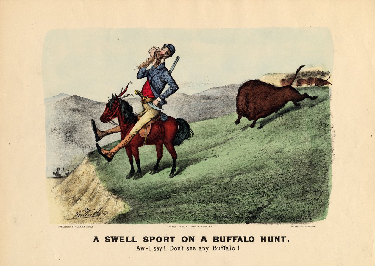Um esporte do inchamento em uma caça do búfalo, bar. por Currier und Ives, 1882 de Thomas Worth