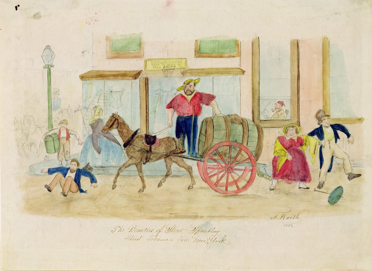 The Beauties of Street Sprinkling, Cidade de Nova York, 1856 (lápis e wc no papel) de Thomas Worth