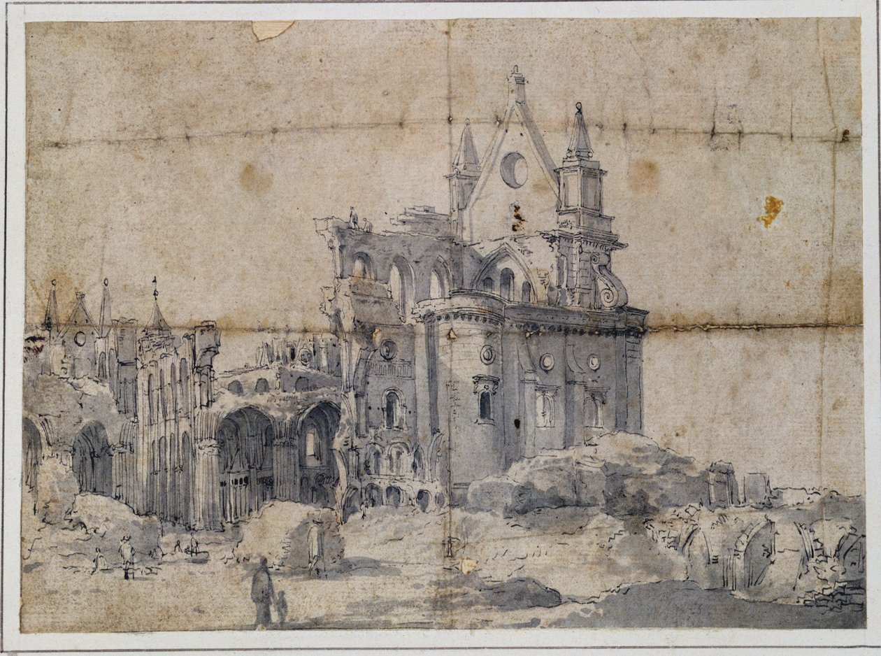 Ruínas da Catedral de São Paulo, c.1673 (caneta e tinta) de Thomas Wyck