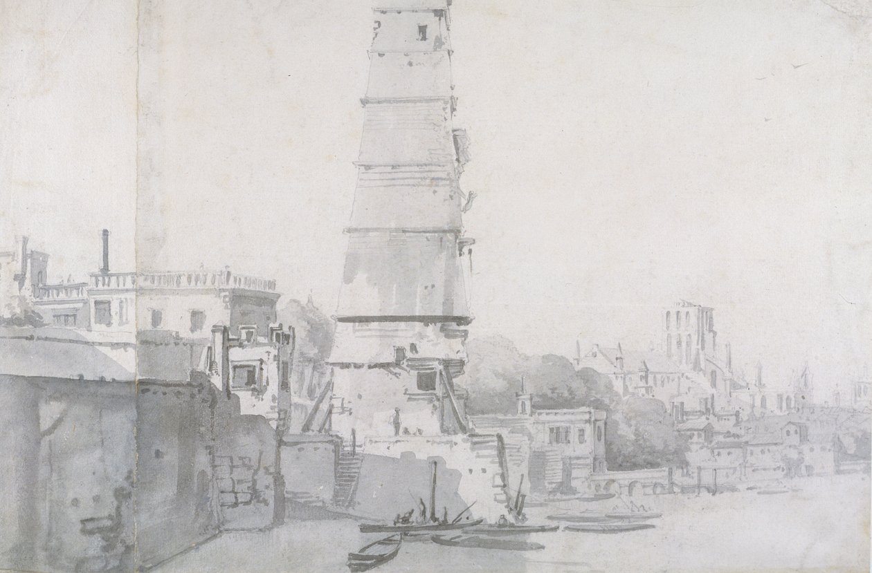 Vista da Waterhouse e do Old St Paul&39;s, Londres, c.1663 (lavagem e grafite sobre papel) de Thomas Wyck
