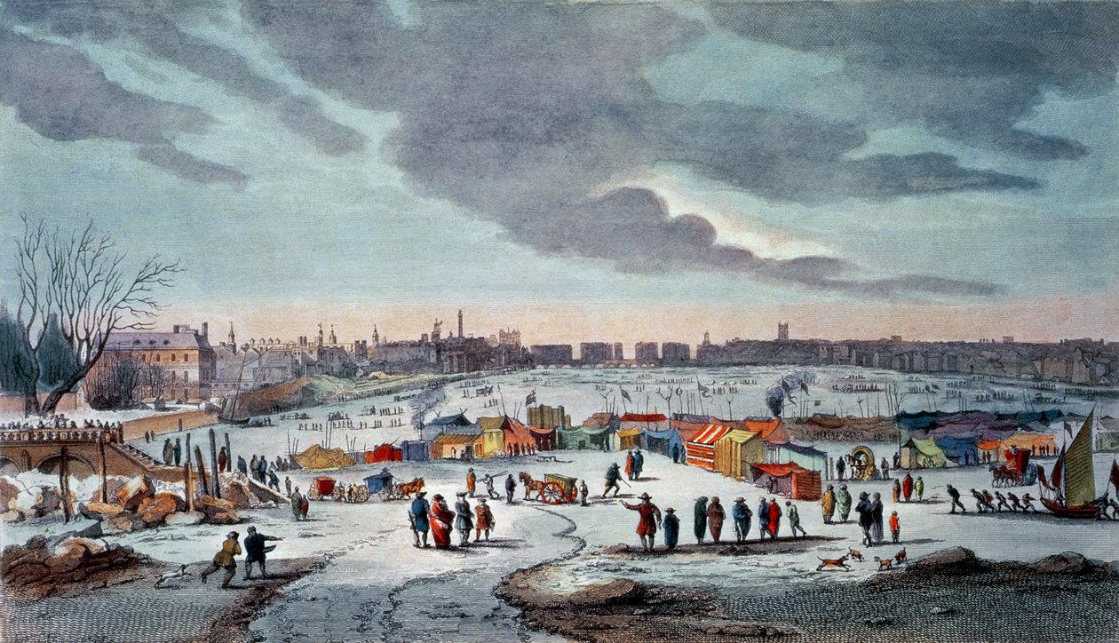 Frost Fair no rio Tâmisa perto das Escadarias do Templo em 1683-84, gravada por James Stow (1770-c.1820), pub. 1825 por Robert Wilkinson (impressão a cores) de Thomas Wyke
