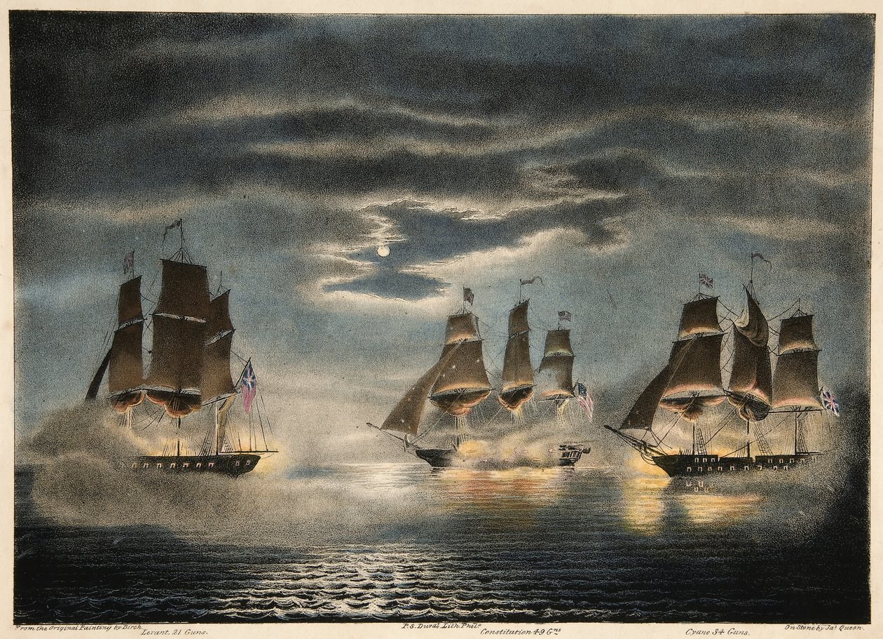 Captura de HM Ships Cyane & Levant, pela Constituição da Fragata dos EUA, da Army and Navy Magazine, pub. 1840 de Thomas after Birch